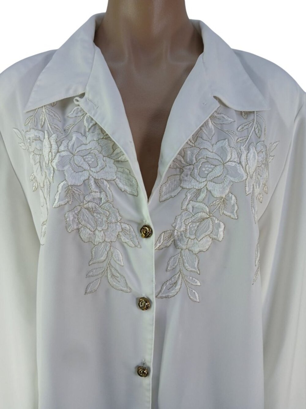 Vintage 90s Kathy Che Womens White Button Up Blouse Size 16 Embroidery Office